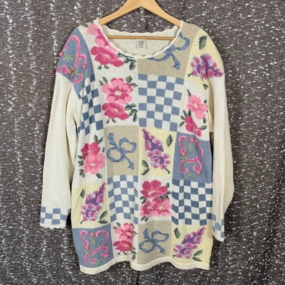 Vintage Avon Style Knit Pullover Sweater Floral Checker Cottagecore‎ Women's 2X
